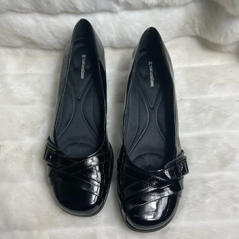 Naturalizer black patent faux leather slip on wedge shoes size 11 gently used.
